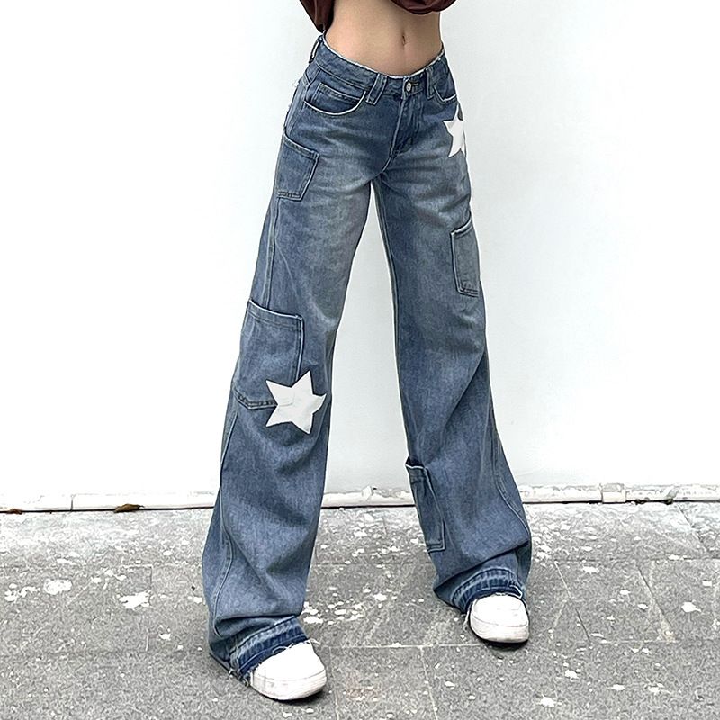 Women's High-bounce Star Color Jeans Washed High-waisted Hip Lift Flare Pants Tight Rough Hem Pants_mkmklike.com