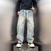 Men's Light Blue Distressed Denim Jeans Relaxed Fit High Street Straight Leg Pants With Drawstring Waist Vintage Style_mkmklike.com