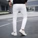 Men's White Distressed Beaded Slim Fit Jeans Patchwork Style Straight Leg_mkmklike.com