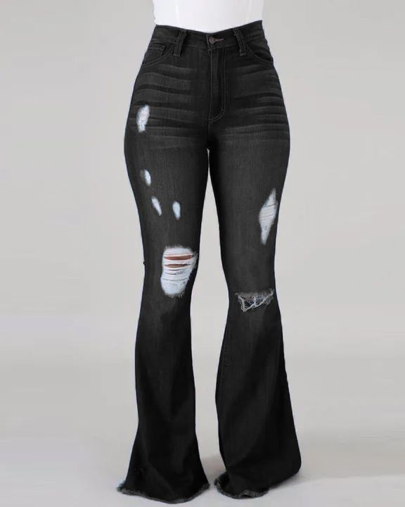 K European And American Internet Celebrity High Stretch Ripped Jeans, High Waisted Flared Pants_mkmklike.com