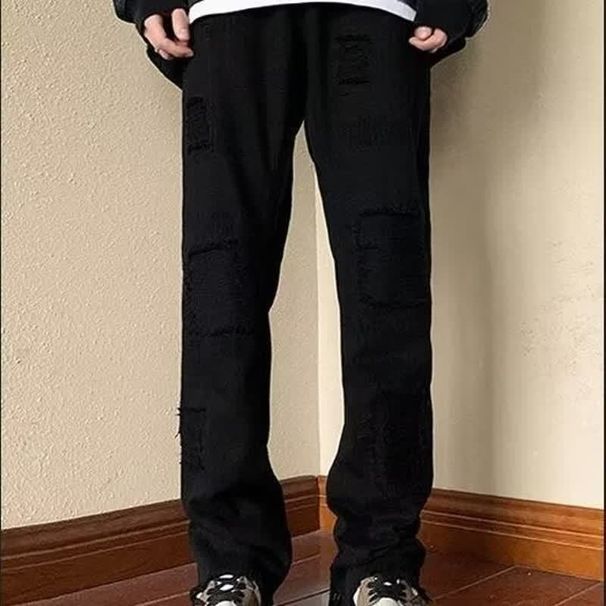Men's High-Street Distressed Jeans – Slim Straight-Leg With Raw Hem & Flared Fit_mkmklike.com