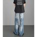Men's Distressed Denim Jeans – Vintage Lightning Crack Wash, Straight To Slight Flare Leg, High-Street Casual Pants For Urban Style_mkmklike.com