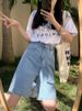 K Cowboy Retro Denim Shorts Women's New High Waisted Straight Leg Five Quarter Pants Loose Wide Leg Shorts_mkmklike.com
