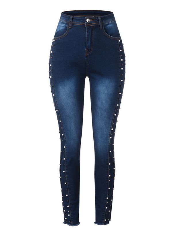 High Waisted Studded Beaded Push Up Skinny Jeans High Elasticity Autumn Winter Style Casual Cotton Denim_mkmklike.com
