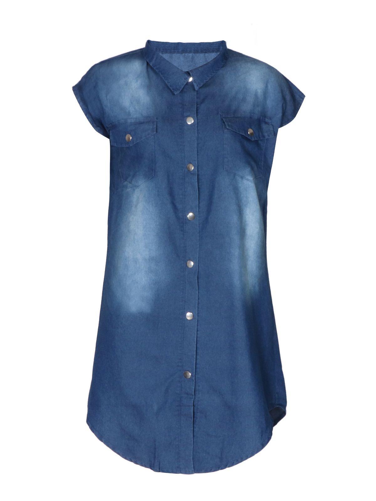 Women's Clothing Open Chest Pocket Buttoned Short Sleeve Lapel Casual Denim Long Shirt Dress_mkmklike.com