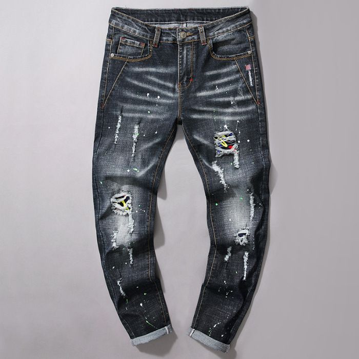 Men's Stretch Slim Fit Jeans With Distressed & Patch Details - Comfortable Straight Leg Denim Pants For Casual Wear_mkmklike.com