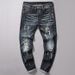 Men's Stretch Slim Fit Jeans With Distressed & Patch Details - Comfortable Straight Leg Denim Pants For Casual Wear_mkmklike.com