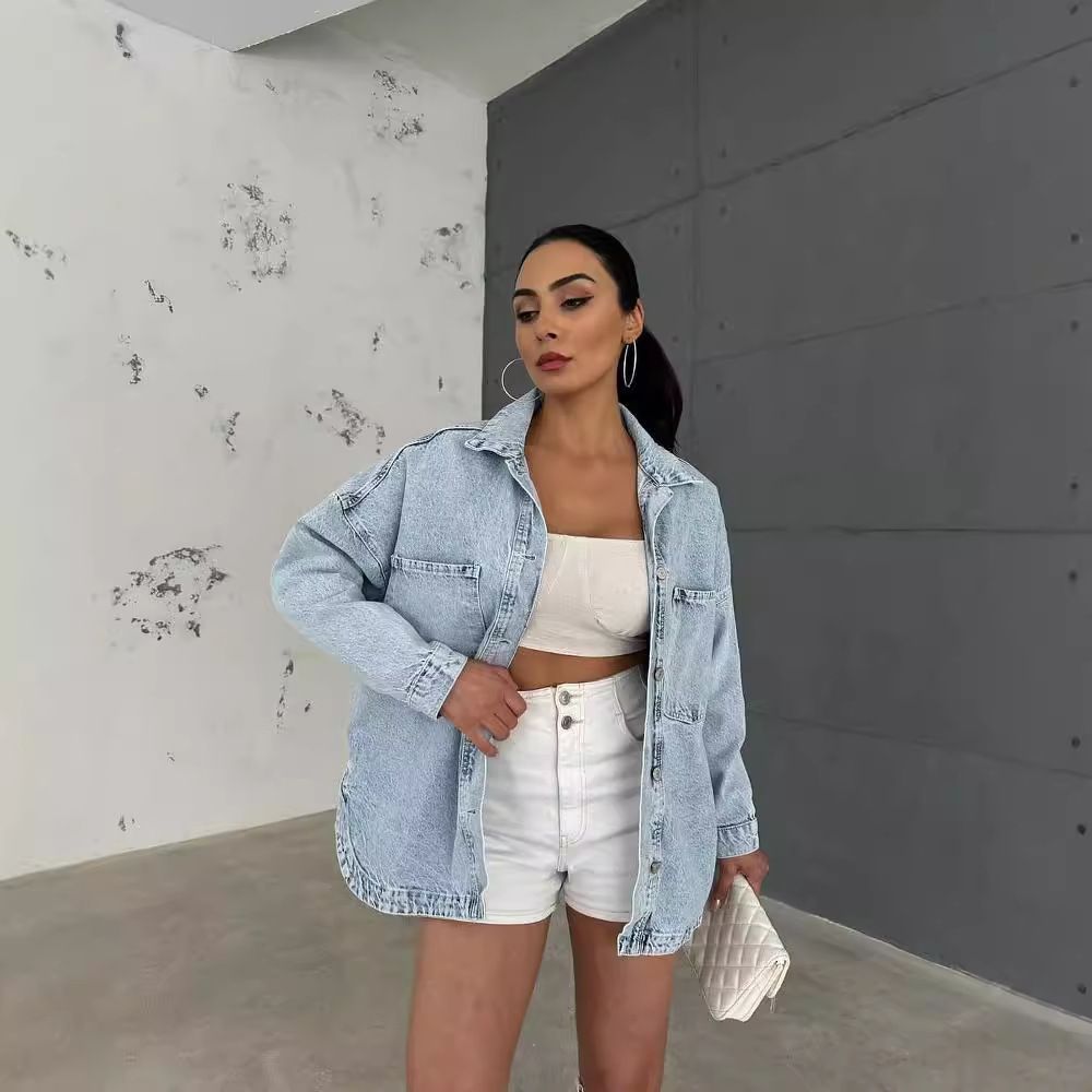 Women's Clothing Retro Washed Old Bf Style Oversize Long Sleeved Denim Jacket For Women Autumn And Winter Drape Single Breasted Top_mkmklike.com