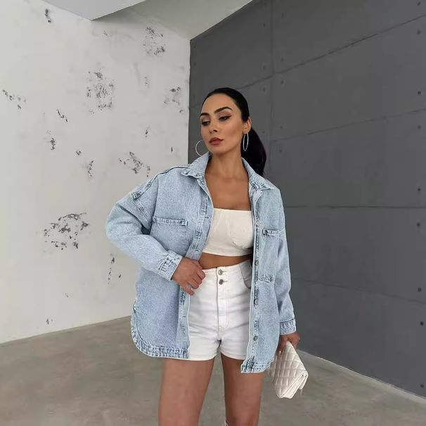 Women's Clothing Retro Washed Old Bf Style Oversize Long Sleeved Denim Jacket For Women Autumn And Winter Drape Single Breasted Top_mkmklike.com