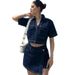 Women's High Waist Denim Jumpsuit V-Neck Short Sleeve Distressed Workwear Style S XL_mkmklike.com