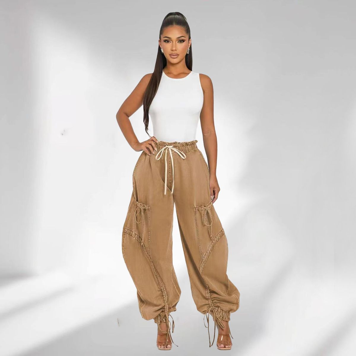 Women's Clothing Slim Straight Jeans Elastic Waist Drawstring Tie Leg Bow Casual Loose Fit Denim_mkmklike.com