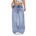 "Distressed Patchwork Denim Jeans For Women – High Waisted Wide Leg Floor-Length Pants (Peacock Blue, Sizes S-XL)"_mkmklike.com