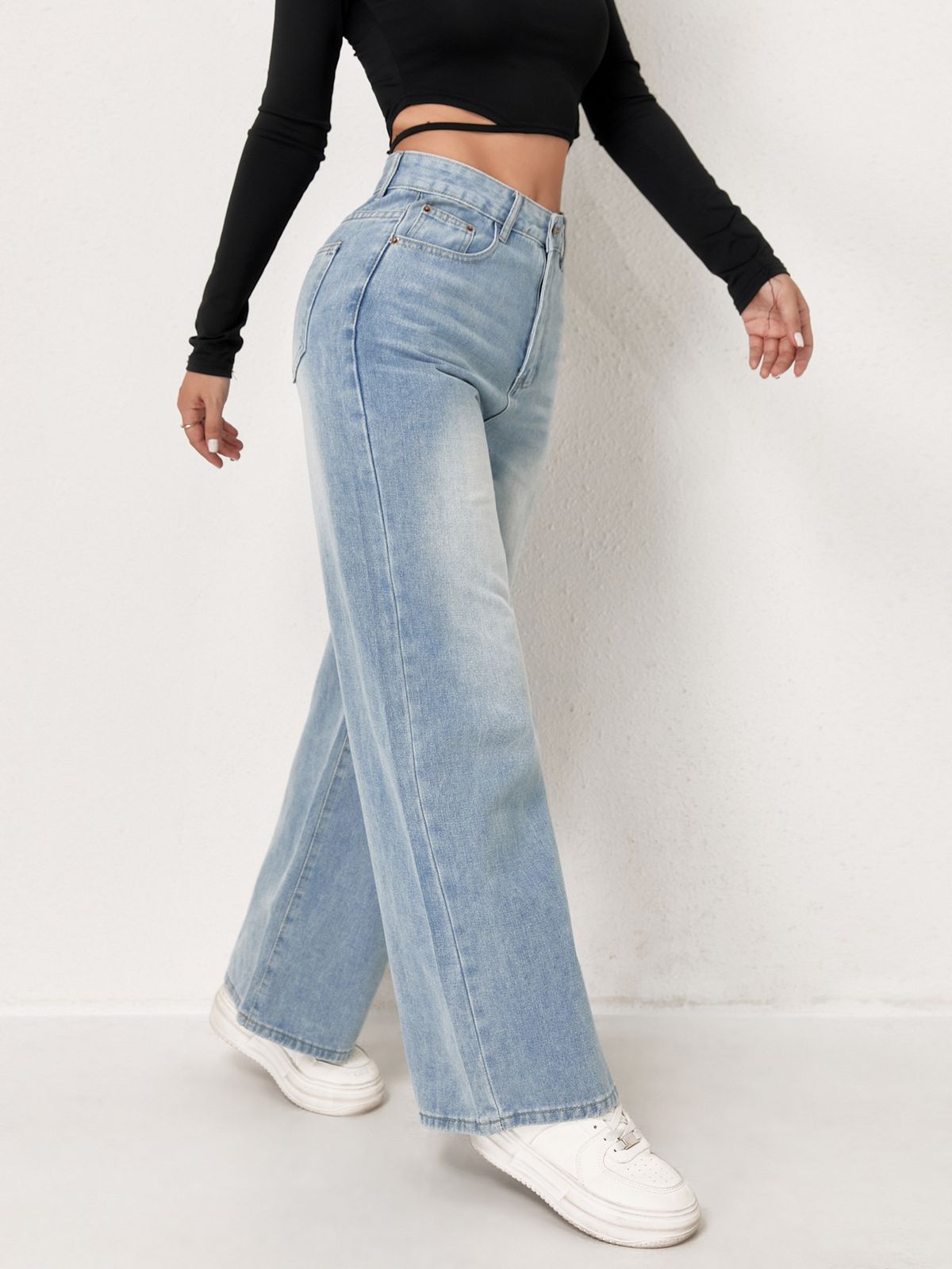 High-Waisted Wide-Leg Jeans – Vintage Washed Blue Denim (XS-2XL, Comfortable & Office-Ready Fit)_mkmklike.com