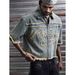 Men's Trendy Summer Retro Washed Distressed Embroidered Denim Shirt Loose Top Short Sleeved American Style_mkmklike.com