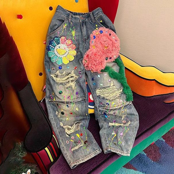 Women's Clothing Spring New Heavy Industry Beaded Ripped Jeans Women's High Waist Loose Straight Pants Cross-border Trendy Brand_mkmklike.com
