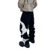 Men's Casual Washed Distressed Denim Pants Midweight Cotton Embroidered Leather Patchwork Loose Straight Leg Black Wide Leg Jeans_mkmklike.com