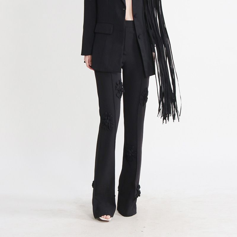 Women's Clothing new fashion brand double breasted three dimensional flower patchwork suit + high waisted flared pants two piece suit for women_mkmklike.com