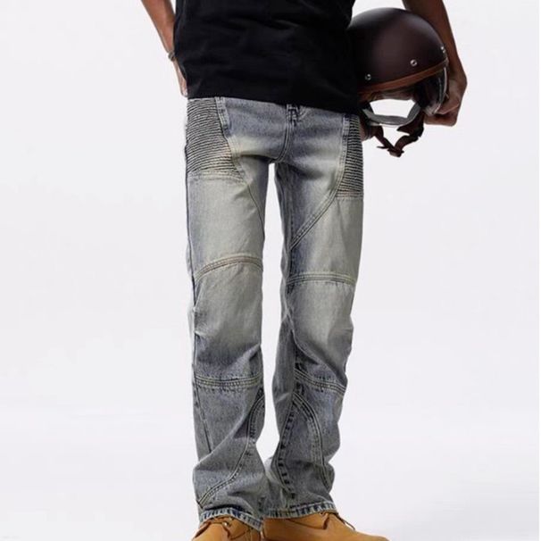 Men's Heavyweight Washed Denim Jeans Trendy High Street Style High End Design Wide Leg Patchwork Motorcycle Straight Leg Pants For Autumn Winter_mkmklike.com
