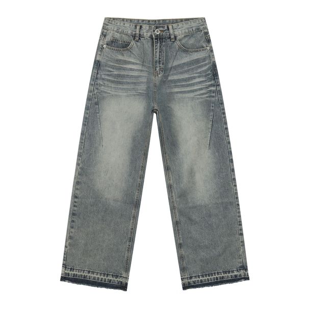 Men's Clothing Raw Edge Washed Distressed Wide Leg Jeans Men's Retro Loose Straight Versatile Trousers_mkmklike.com