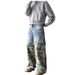 Men's Camouflage Faux Suede Patchwork Jeans High Street Style Loose Straight Leg Vintage Cool Sophisticated Two-Piece Pants_mkmklike.com