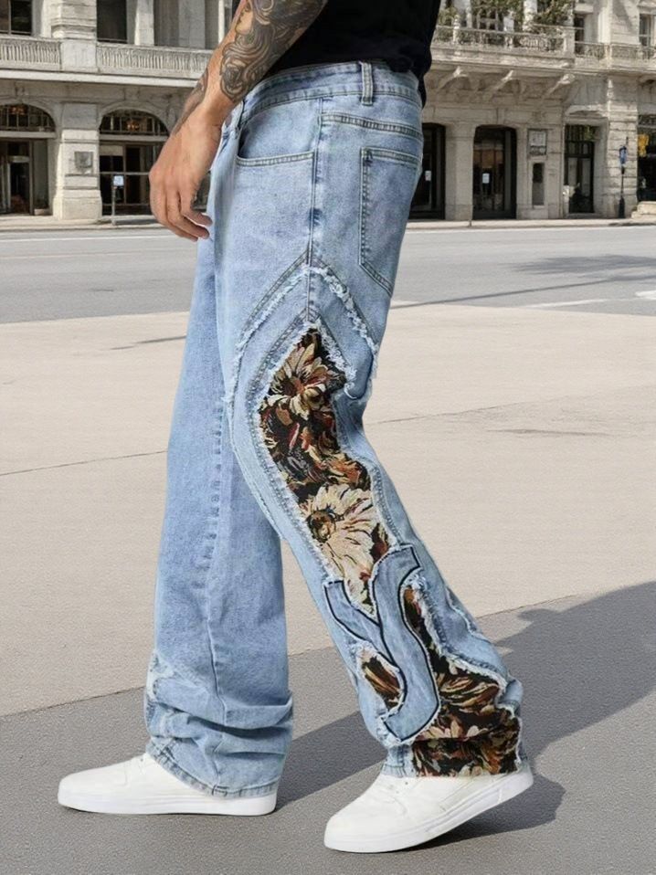 Men's Distressed Denim Jeans - High Street Fashion Ripped Jeans With Embroidery & Frayed Hem For Casual Streetwear_mkmklike.com
