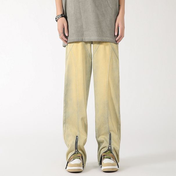 Men's Slightly Flared Loose Straight Leg Jeans High Street Style Summer Vibe Design Zipper Trousers_mkmklike.com