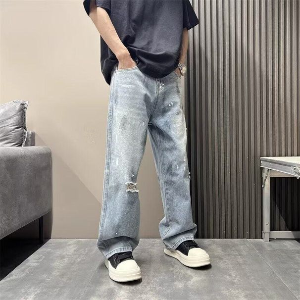 Men's Ripped Jeans Washed Loose Fit Ink Splatter Distressed Casual Long Pants Midweight Cotton Wide Leg Black Blue_mkmklike.com