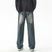 LKTM Men's Retro Nostalgic Vintage Green Jeans Straight Leg Loose Fit Casual High Street Pants Wear & Archer0603_mkmklike.com