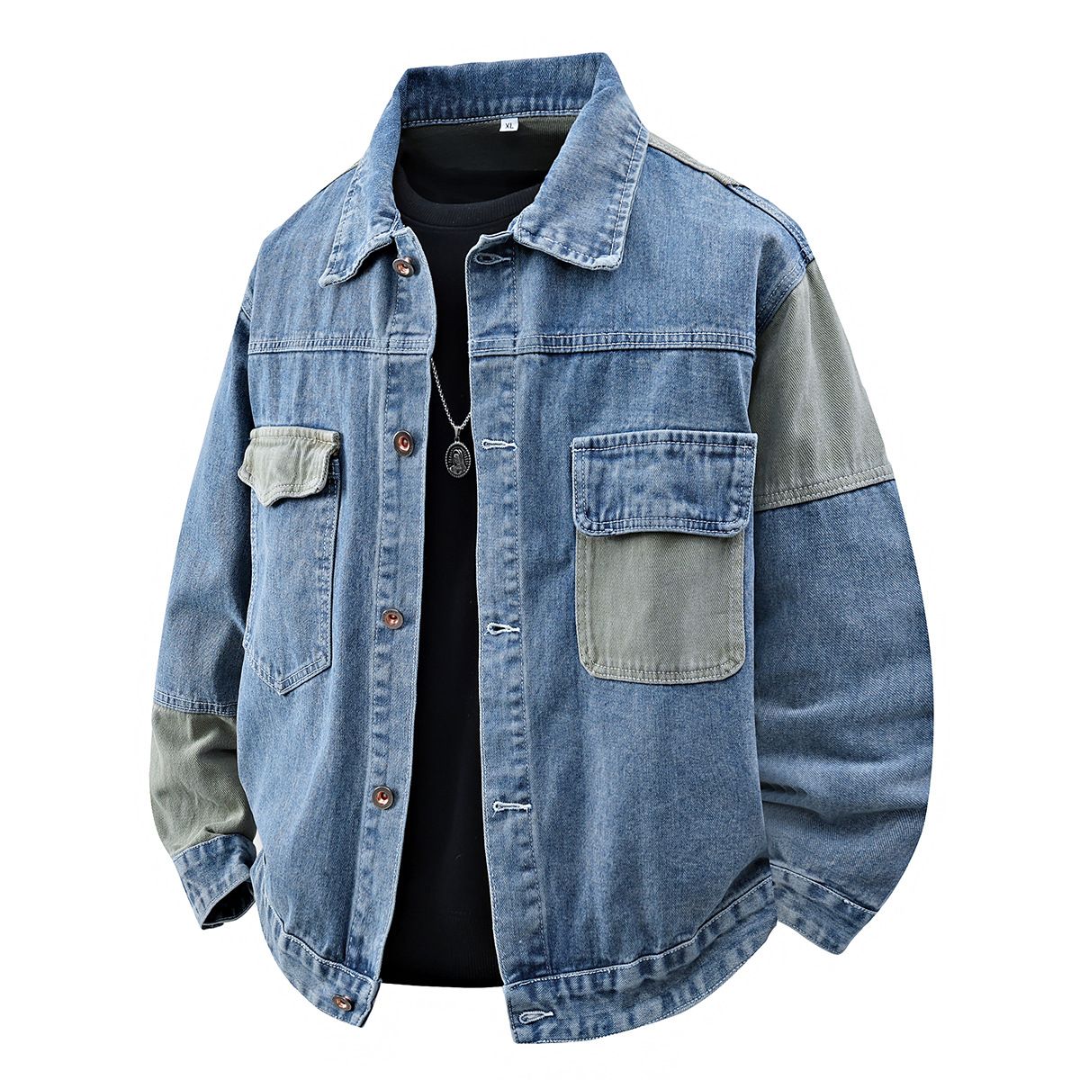 Men's Clothing Spring And Autumn Large Size Patchwork Denim Jacket Men's Long Sleeve Casual Loose Top Douyin Hot Style Fashion Trend Thick Jacket_mkmklike.com