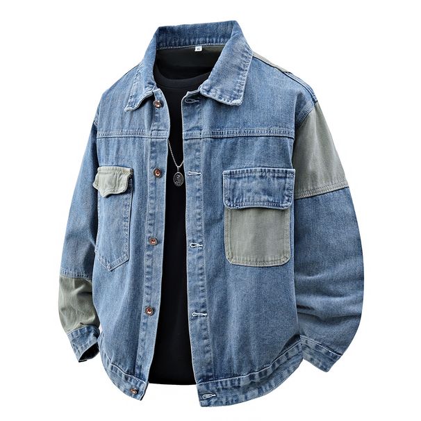 Men's Clothing Spring And Autumn Large Size Patchwork Denim Jacket Men's Long Sleeve Casual Loose Top Douyin Hot Style Fashion Trend Thick Jacket_mkmklike.com