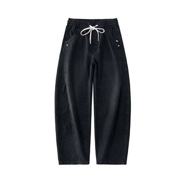 Relaxed Fit Denim Pants – Vintage Washed Straight-Leg Jeans For Men (Black/Grey, 100% Cotton, Adjustable Drawstring Waist, Unisex Streetwear)_mkmklike.com