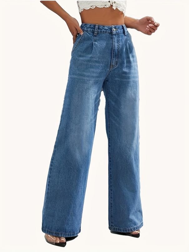 Women's High-Waisted Relaxed Straight Leg Jeans – Vintage Washed Denim Pants (XS-XXXL, Cotton-Polyester Blend, Casual & Trendy)_mkmklike.com