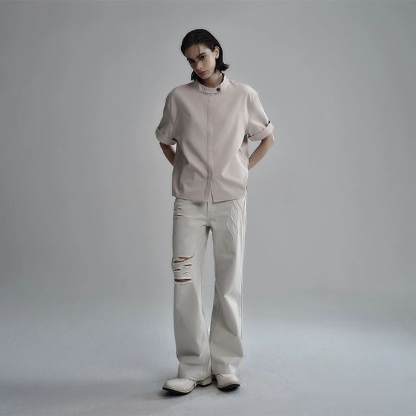 Men's Flared Jeans With Branch Embossing – Trendy Loose-Fit Denim Pants (Beige, M-XXL)_mkmklike.com