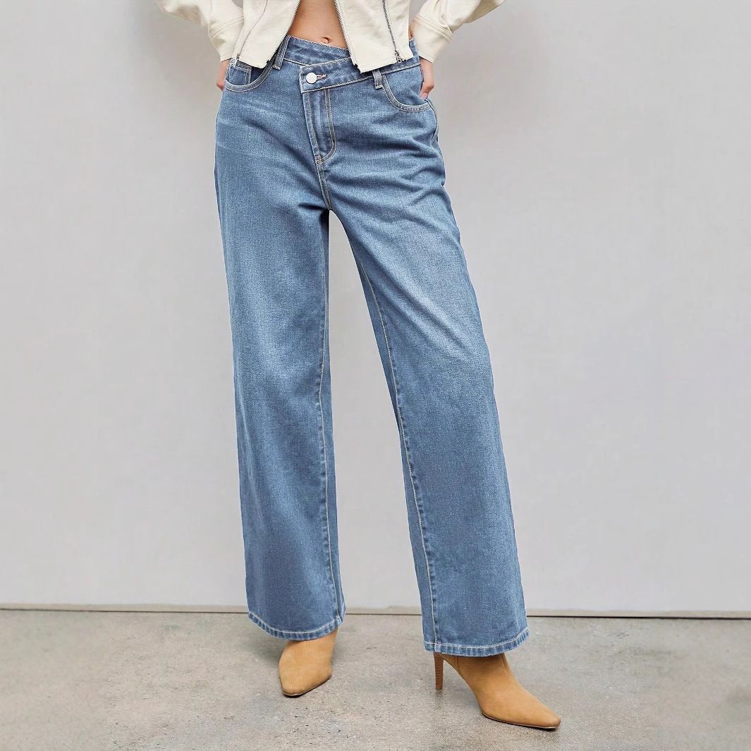 Women's High Waist Straight Leg Jeans - Relaxed Fit Wide Leg Bootcut Denim Pants With Side Button Detail_mkmklike.com