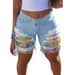Women's Summer New Style Melting Colors Print Colorblock Patchwork Denim Shorts Fashionable Distressed Patch Denim Straight Tube_mkmklike.com