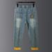 2023 New Embroidery Ripped Jeans Men's Nine-point Elastic Harlan Jeans Men's Fattened Plus Size 9-point Pants_mkmklike.com