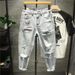New Style Japanese Loose Brushed Brushed Ripped Beggar's Pants Men's Trendy Light Wash Nine-point Jeans For Men_mkmklike.com