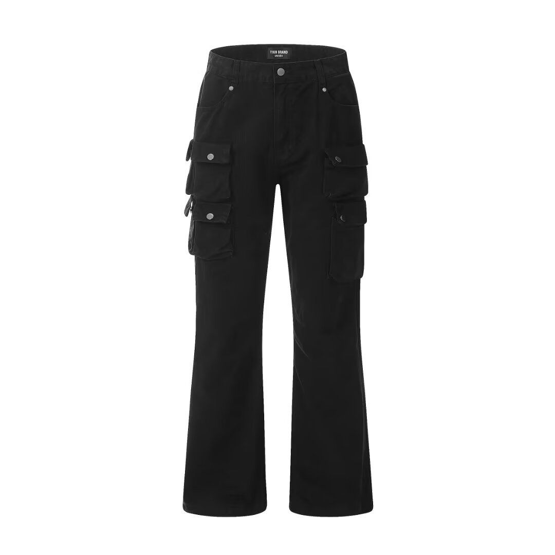 Men's Retro High Street Flared Cargo Jeans Washed Multi Pocket Casual Pants Versatile mid Waist Straight Blue Jeans_mkmklike.com