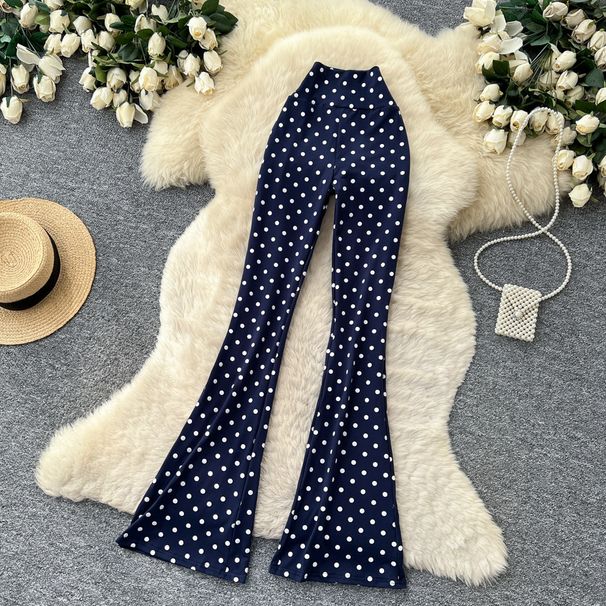 Retro High-Waisted Polka Dot Flared Pants For Women, Loose Fit Wide Leg Trousers With Stretch Waistband, Korean Style Boho Chic Lounge Palazzo Pants_mkmklike.com