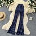 Retro High-Waisted Polka Dot Flared Pants For Women, Loose Fit Wide Leg Trousers With Stretch Waistband, Korean Style Boho Chic Lounge Palazzo Pants_mkmklike.com