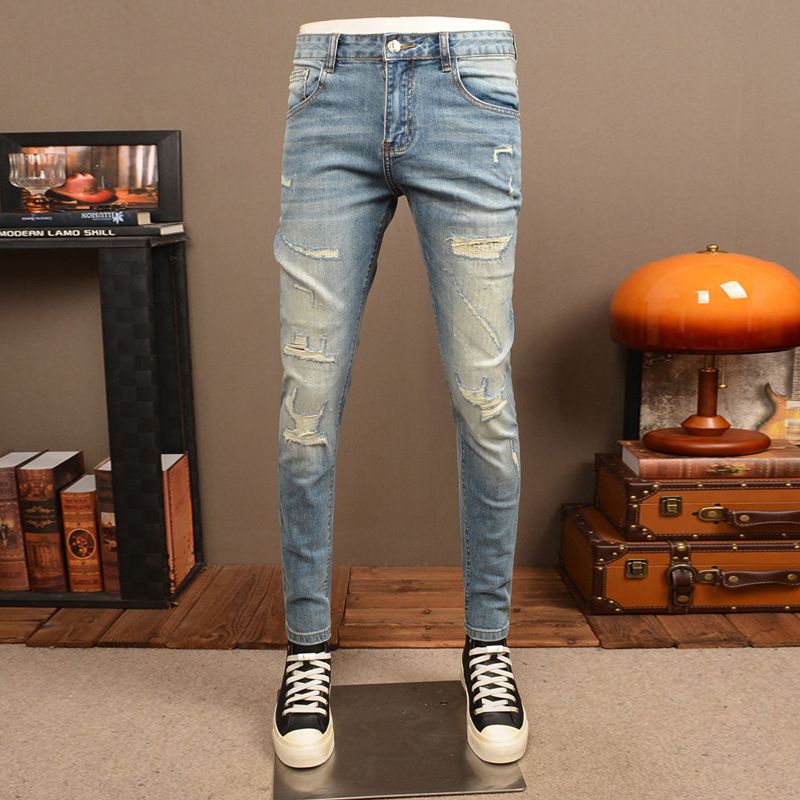 Men's Trendy Ripped Distressed Light Blue Washed Retro Slim Fit Skinny Jeans Midweight Cotton Long Wide Leg Pants_mkmklike.com