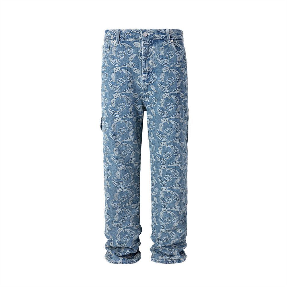 Cashew Flower Jacquard Denim Men's High Street Trend Full-Body Pattern Niche Casual Straight-Leg Pants_mkmklike.com
