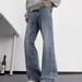 Men's Retro Blue Flared Jeans High Street Style Washed Distressed Loose Straight Leg Wide Leg Trousers_mkmklike.com