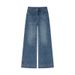 Women's Fleece-lined Wide-leg Jeans, Thickened Winter, Korean Style, High-waisted, Casual, Vintage Retro Blue, In Stock_mkmklike.com