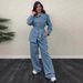 Women's Washed Denim Suit Set - Single Breasted Lapel Jacket & High Waisted Trousers, Loose Fit Casual Outfit_mkmklike.com