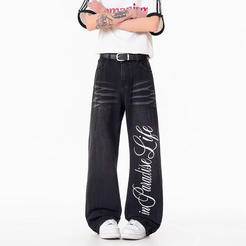 Men's American Style Premium Denim Jeans Spring Trendy Washed Distressed Retro Straight Leg Casual Loose Fit Versatile Long Pants_mkmklike.com