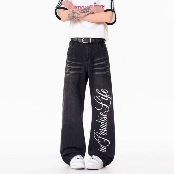 Men's American Style Premium Denim Jeans Spring Trendy Washed Distressed Retro Straight Leg Casual Loose Fit Versatile Long Pants_mkmklike.com