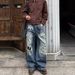Unisex Loose Wide Leg Straight Leg Camouflage Jeans Ripped Patch American Retro Vibe Floor Length Pants_mkmklike.com