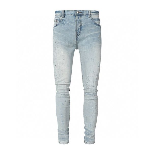 Men's Clothing Men's Slim Fit Stretch Jeans With Distressed Brick Pattern - Vintage Streetwear Style For Height Enhancement (Light Blue)_mkmklike.com