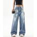 Women's Graffiti Print Denim Jeans – High Street Style, Loose Fit Straight Leg With Slight Flare_mkmklike.com